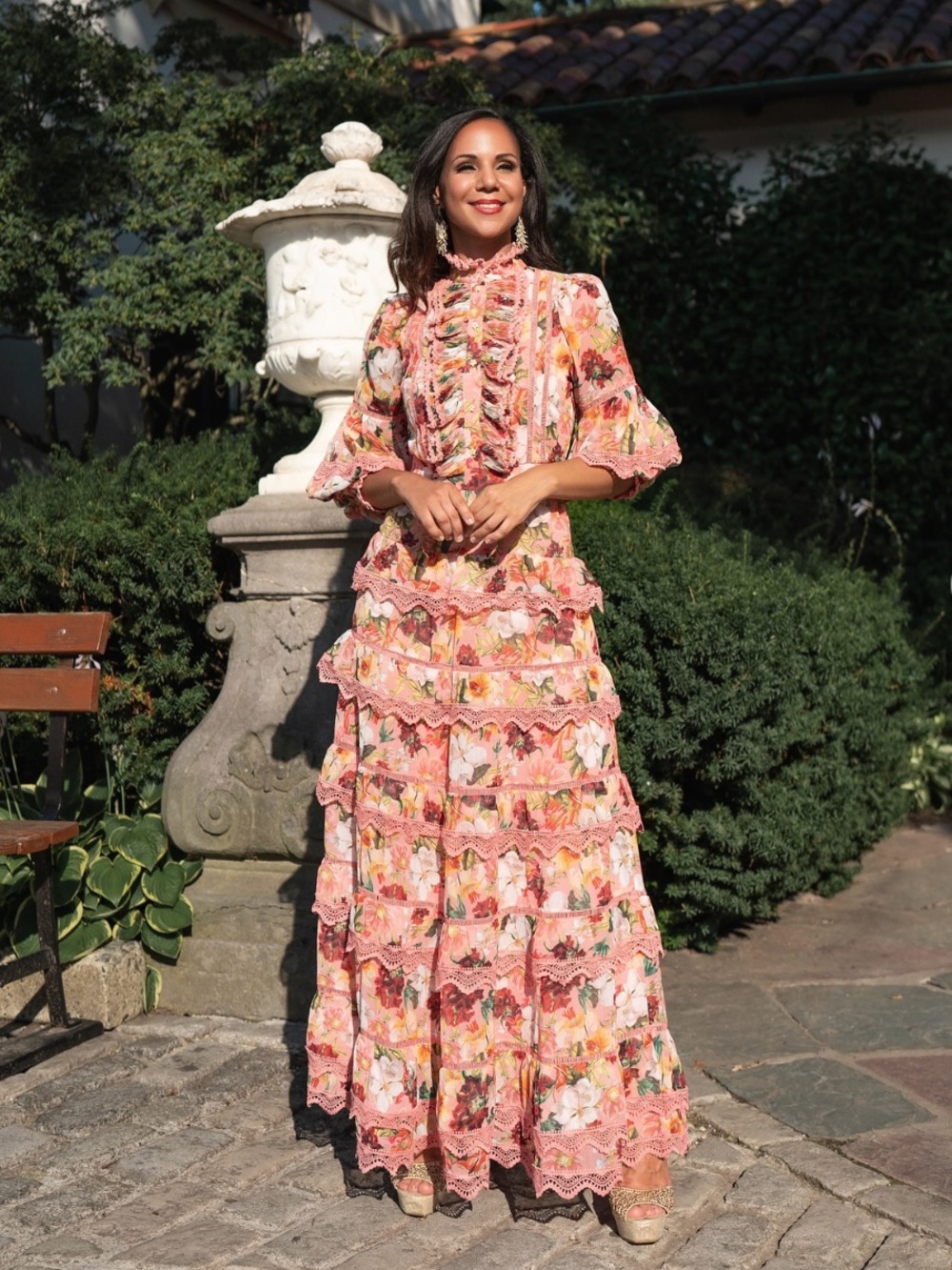 Alice + Olivia Brooke High Neck Maxi Dress Juniper Floral Rose Button Front 6 - Picture 5 of 16